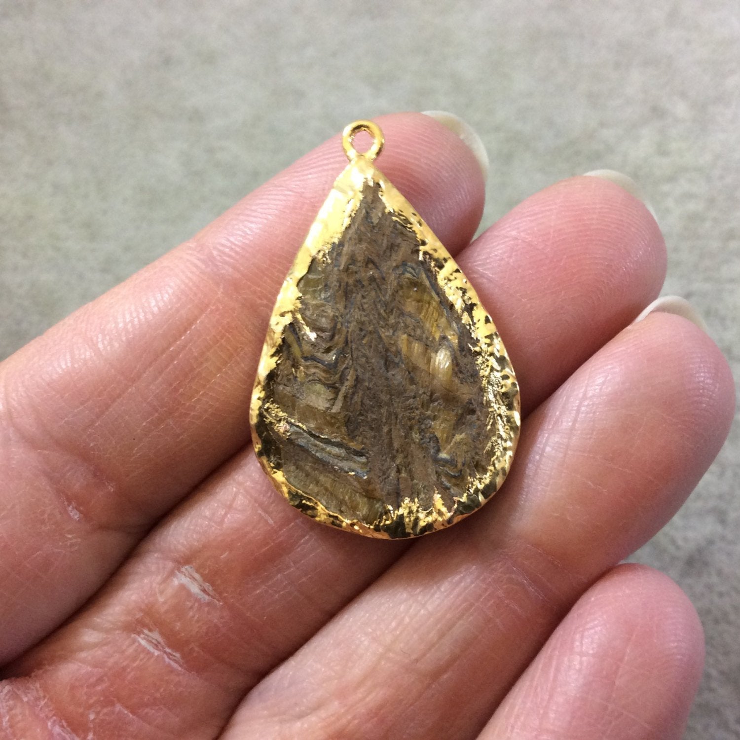 OOAK Gold Electroplated Natural Raw Metallic Tiger's Eye Teardrop/Pear Shaped Slab/Slice Pendant - Measuring 22mm x 32mm, Approximately