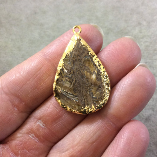 OOAK Gold Electroplated Natural Raw Metallic Tiger's Eye Teardrop/Pear Shaped Slab/Slice Pendant - Measuring 22mm x 32mm, Approximately