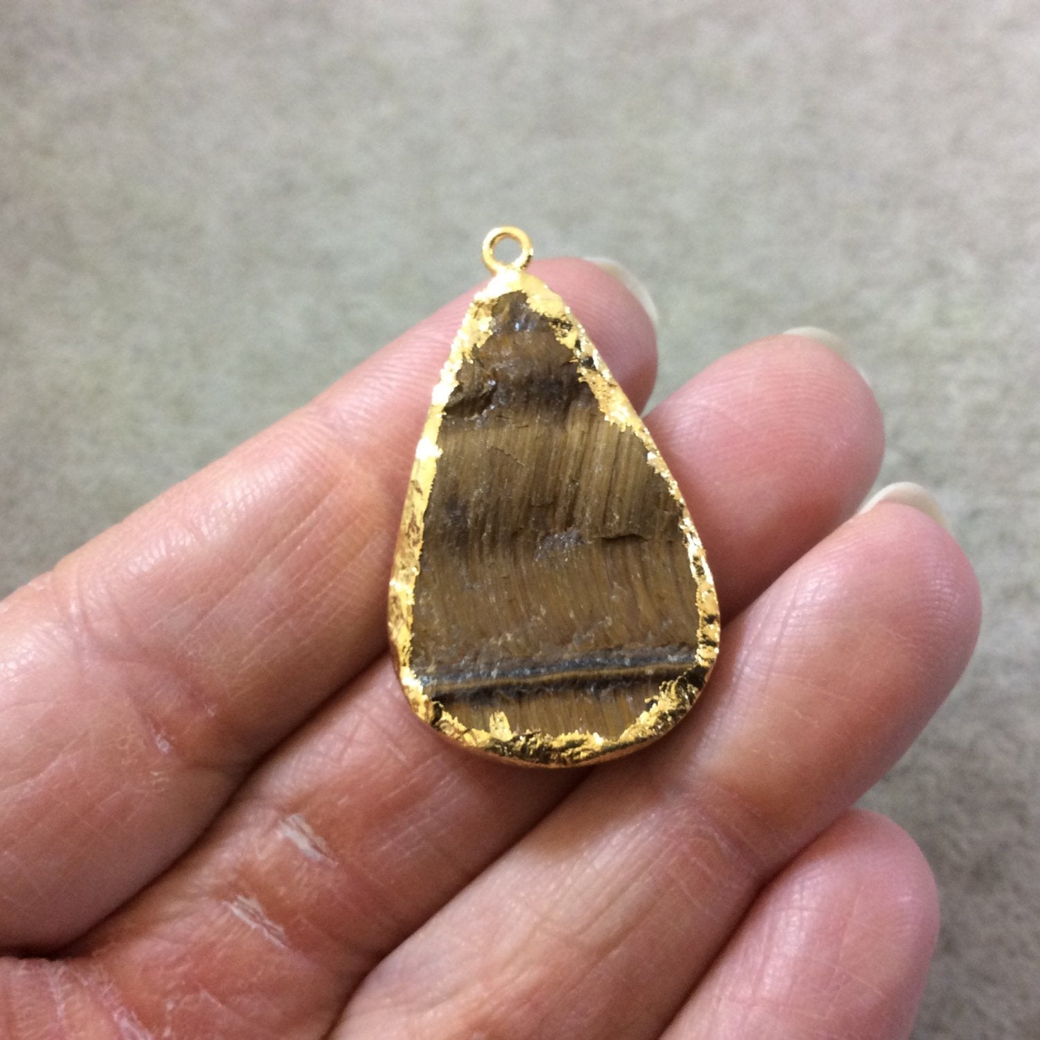 OOAK Gold Electroplated Natural Raw Metallic Tiger's Eye Teardrop/Pear Shaped Slab/Slice Pendant - Measuring 22mm x 33mm, Approximately