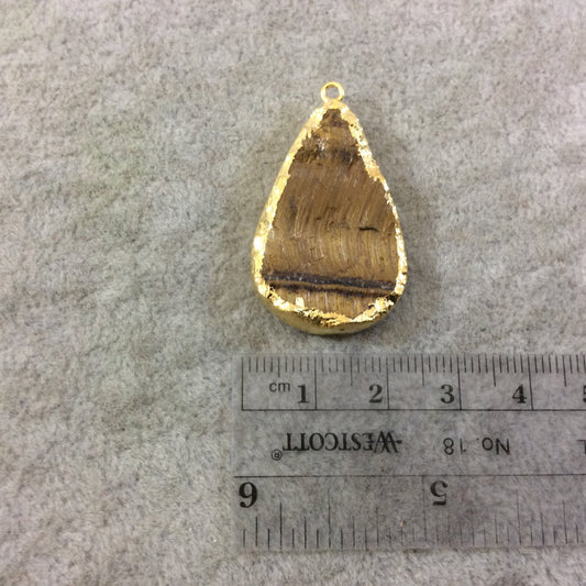 OOAK Gold Electroplated Natural Raw Metallic Tiger's Eye Teardrop/Pear Shaped Slab/Slice Pendant - Measuring 22mm x 33mm, Approximately