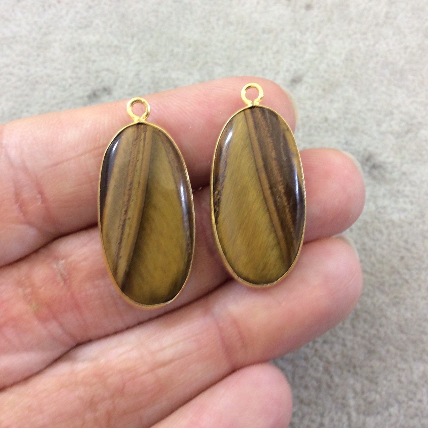 Brown Tiger Eye Bezels | One Pair of OOAK Gold Plated Smooth Natural Oblong Oval Shaped Pendants "TP1"- Measuring 13mm x 28mm - Gemstone