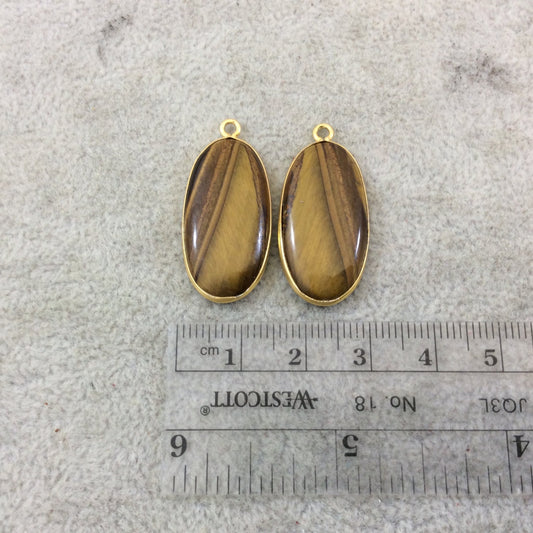 Brown Tiger Eye Bezels | One Pair of OOAK Gold Plated Smooth Natural Oblong Oval Shaped Pendants "TP1"- Measuring 13mm x 28mm - Gemstone