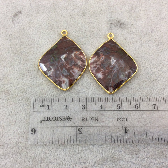 One Pair of OOAK Gold Plated Faceted Crazy Lace Agate Freeform Shaped Bezel Pendants "ACP1"- Measuring 28mm x 34mm, Approx. - Gemstone