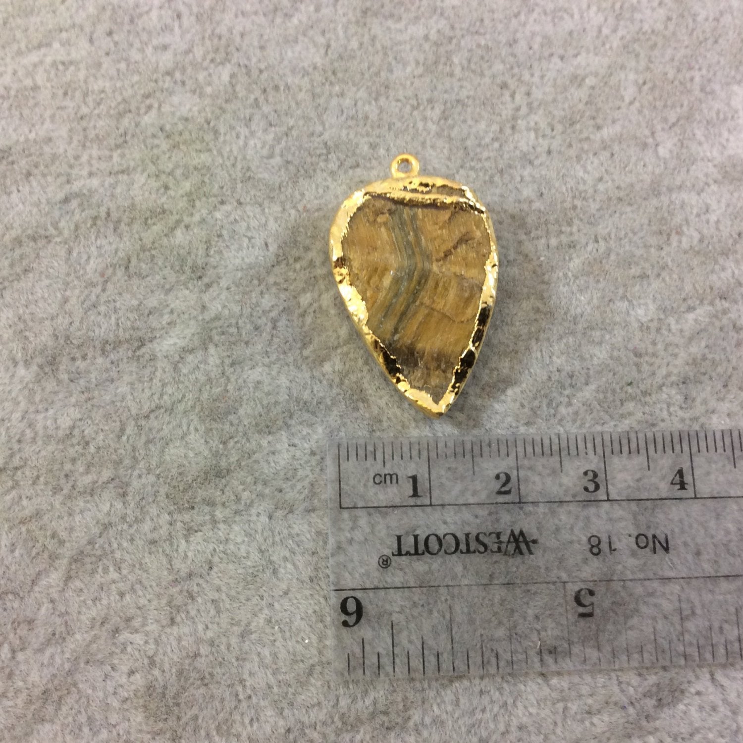 OOAK Gold Electroplated Natural Raw Metallic Tiger's Eye Inverted Teardrop Shaped Slab/Slice Pendant - Measuring 19mm x 28mm, Approximately
