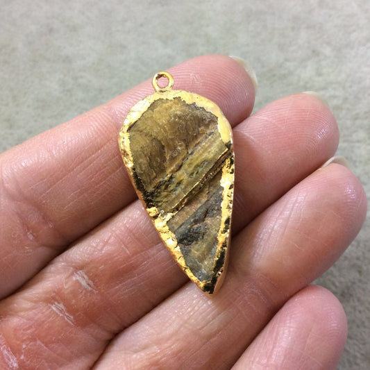 OOAK Gold Electroplated Natural Raw Metallic Tiger's Eye Inverted Teardrop Shaped Slab/Slice Pendant - Measuring 18mm x 34mm, Approximately