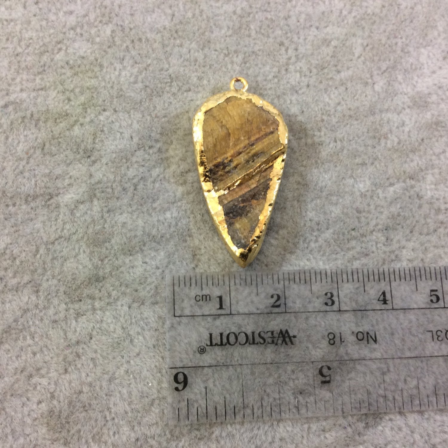 OOAK Gold Electroplated Natural Raw Metallic Tiger's Eye Inverted Teardrop Shaped Slab/Slice Pendant - Measuring 18mm x 34mm, Approximately