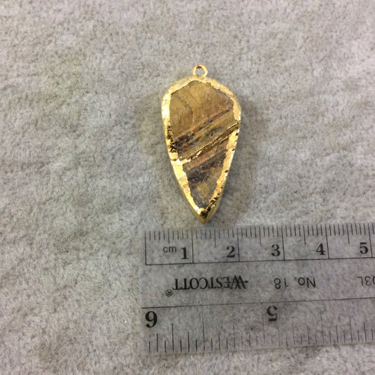 OOAK Gold Electroplated Natural Raw Metallic Tiger's Eye Inverted Teardrop Shaped Slab/Slice Pendant - Measuring 18mm x 34mm, Approximately