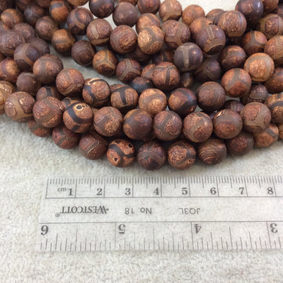 10mm Natural Matte Brown Honeycomb Design Round/Ball Shaped Tibetan Agate Beads - 15.5" Strand (Approx. 38 Beads) - Semi-Precious Gemstone