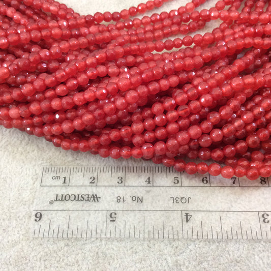 4mm Faceted Dyed Lipstick Red Natural Jade Round/Ball Shaped Beads - Sold by 14.5" Strands (Approx. 90 Beads) - Semi-Precious Gemstone