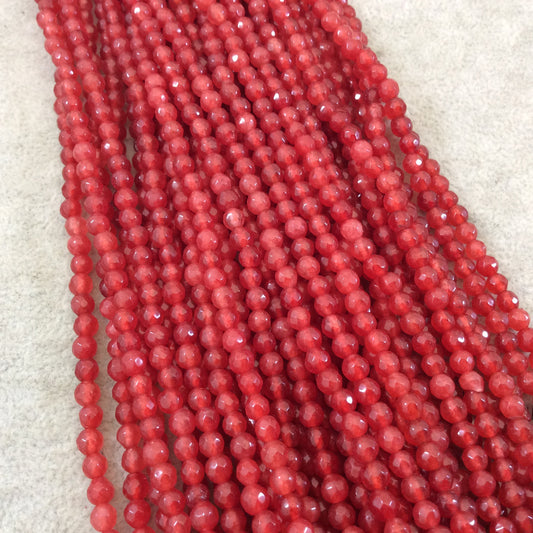 4mm Faceted Dyed Lipstick Red Natural Jade Round/Ball Shaped Beads - Sold by 14.5" Strands (Approx. 90 Beads) - Semi-Precious Gemstone