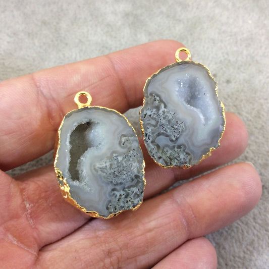 Pair of OOAK Gold Electroplated Natural Druzy Agate Geode Half Freeform Shaped Pendants - Measuring 23mm x 29mm - Unique, As Pictured