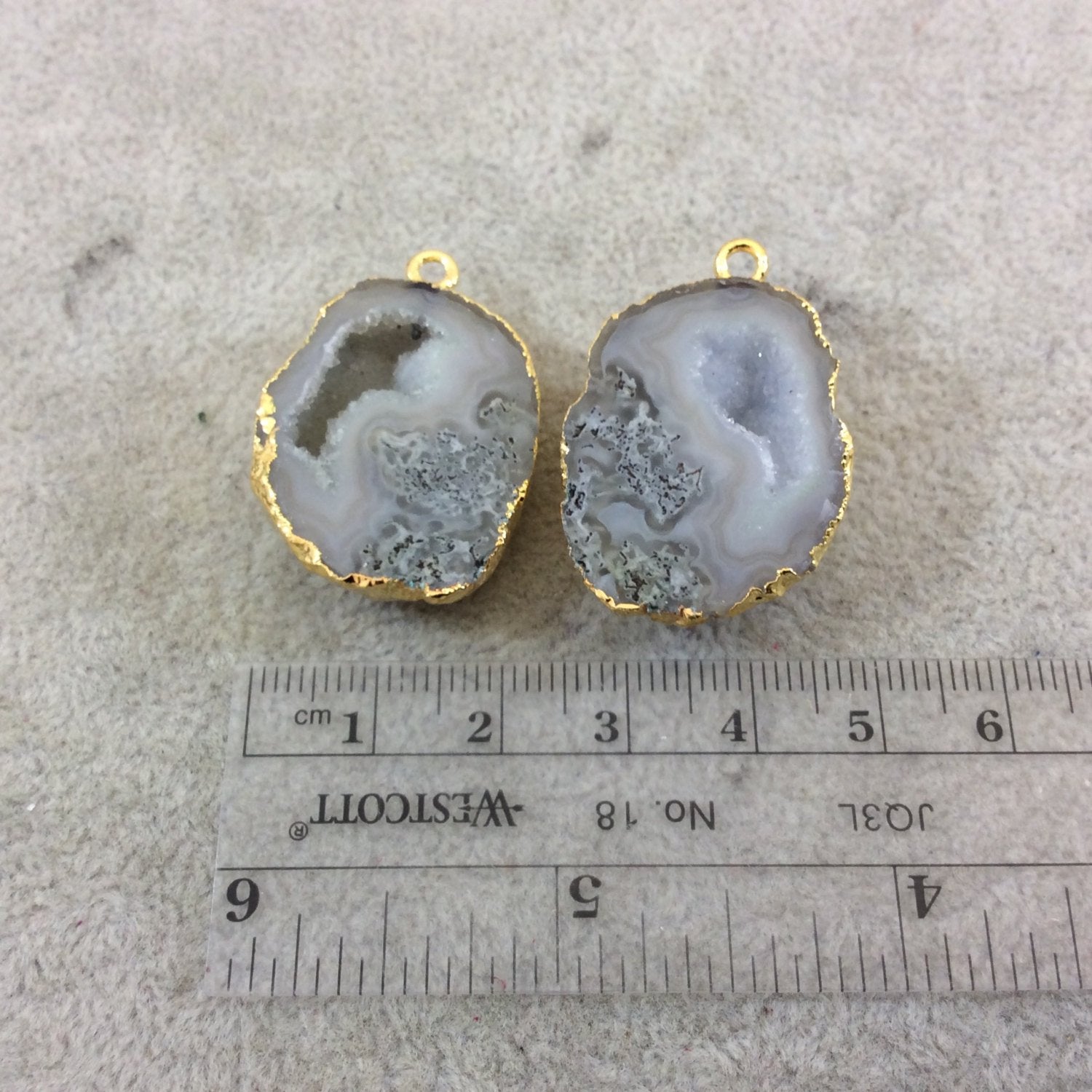 Pair of OOAK Gold Electroplated Natural Druzy Agate Geode Half Freeform Shaped Pendants - Measuring 23mm x 29mm - Unique, As Pictured