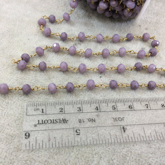 Gold Plated Copper Wrapped Rosary Chain with 6mm Faceted Faded Purple Glass Crystal Rondelle Beads - Sold by 1' Cut Section or in Bulk!