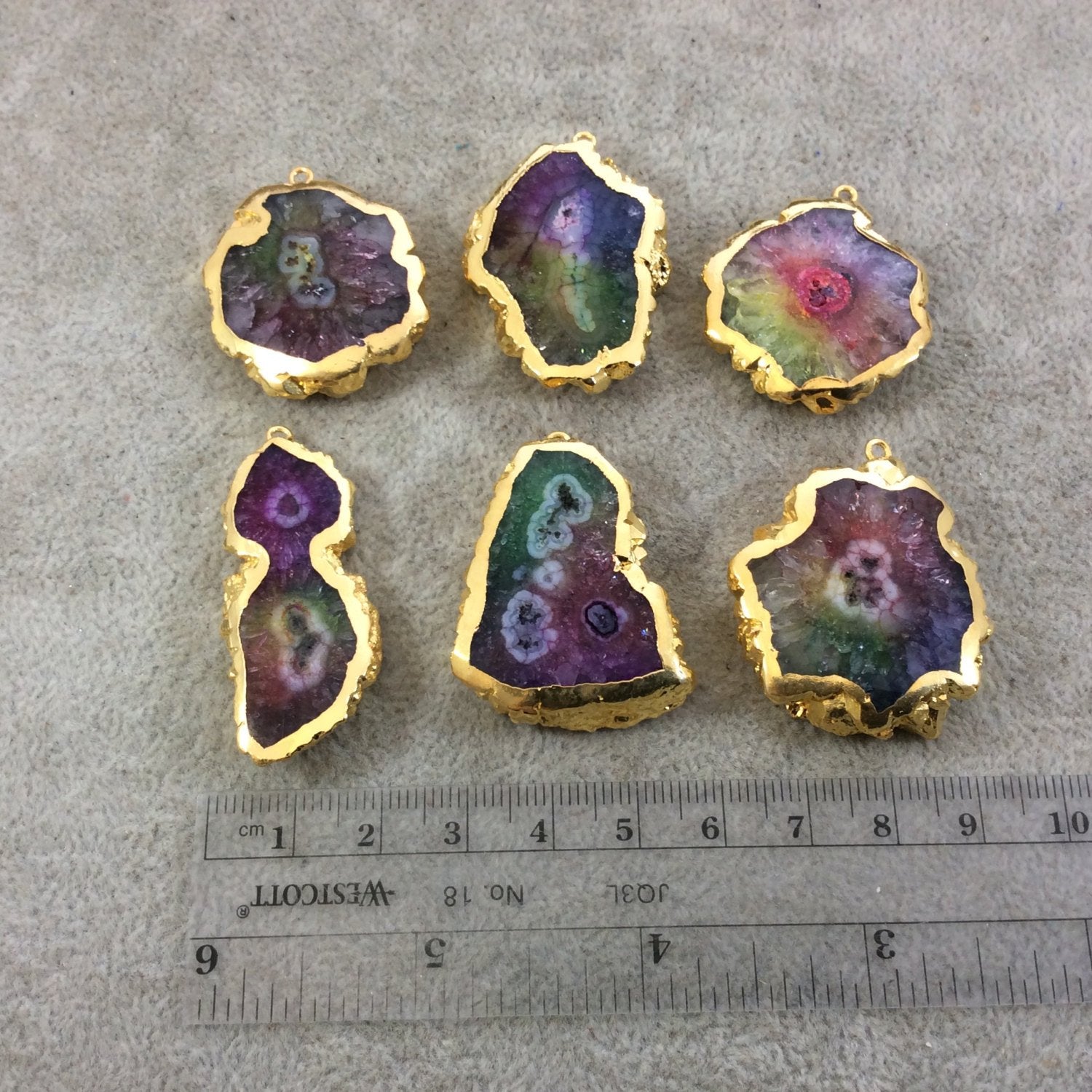 Medium Gold Electroplated Rainbow Dyed Druzy Solar Quartz Freeform Shaped Pendant - Measuring 30-35mm Approx. - Sold Individually, Random