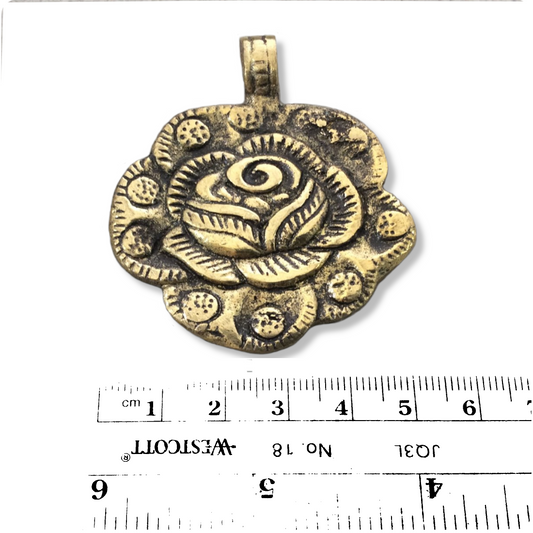 2" Heavy Oxidized Brass Detailed Blooming Rose/Flower Shape Pendant with Attached Bail  - Measuring 51mm x 62mm, Approx. - Sold Individually