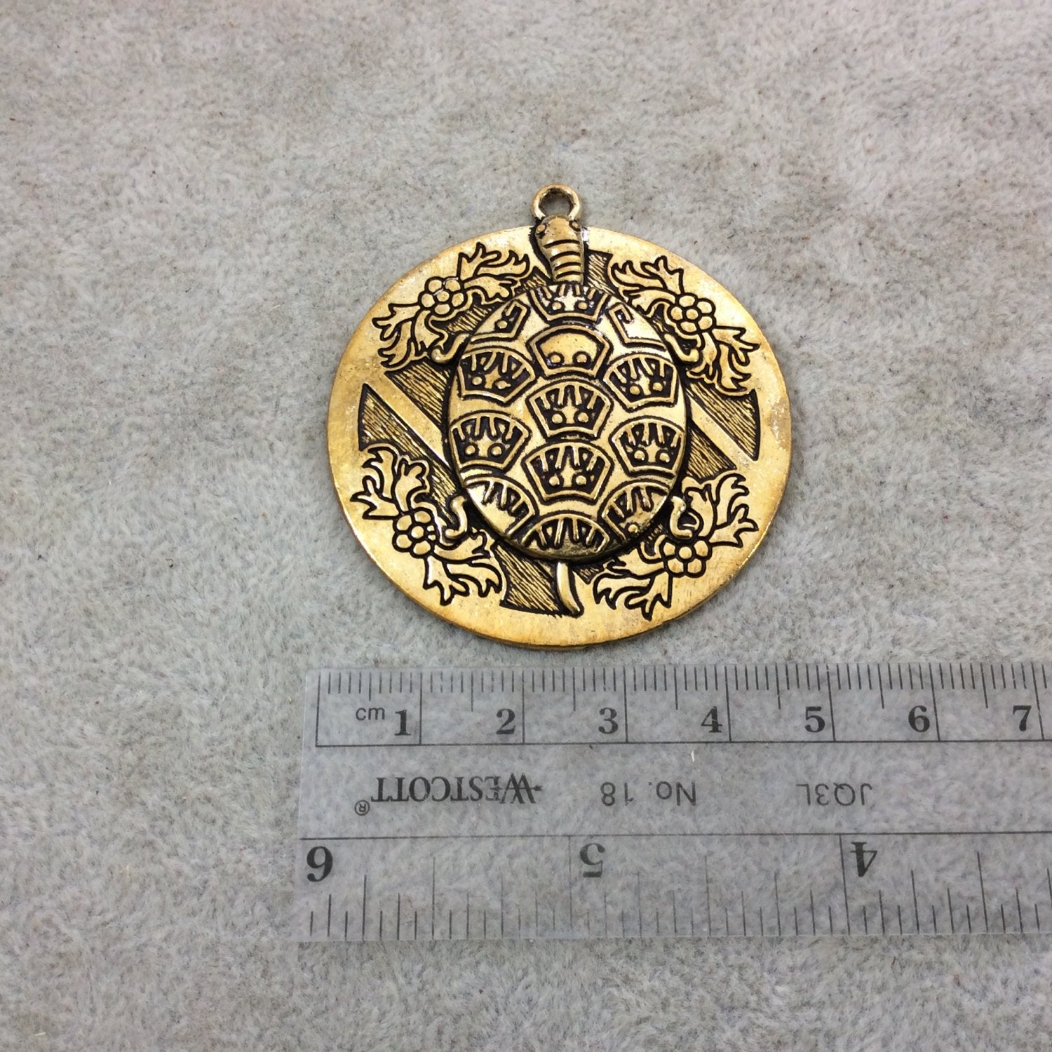 2" Oxidized Gold Plated Turtle Patterned Large Circle/Medallion Shaped Focal Pendant - Measuring 49mm x 49mm, Approx. - Sold Individually