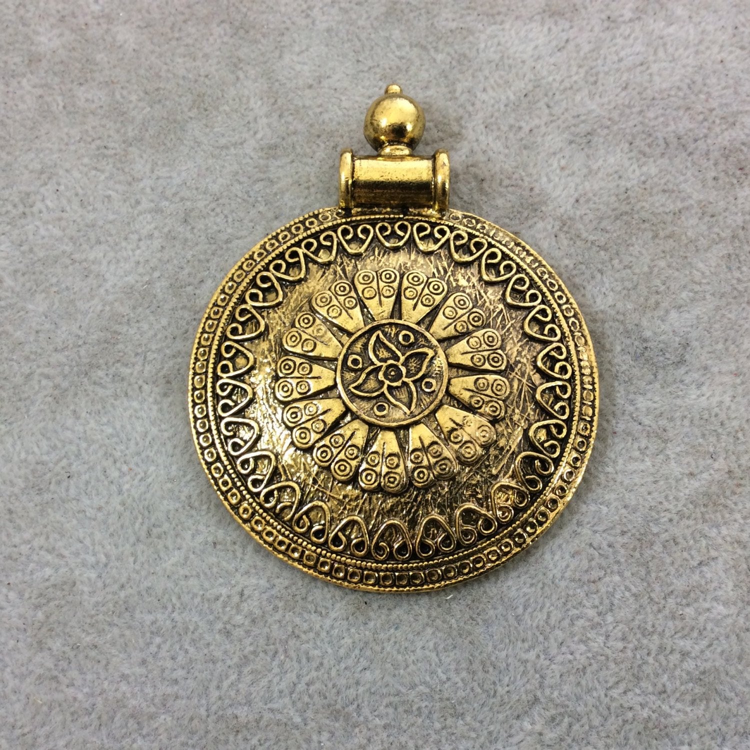 2.25" Heavy Oxidized Brass Flower/Heart Medallion Shaped Pendant with Attached Bail  - Measuring 60mm x 79mm, Approx. - Sold Individually