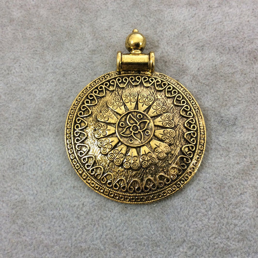 2.25" Heavy Oxidized Brass Flower/Heart Medallion Shaped Pendant with Attached Bail  - Measuring 60mm x 79mm, Approx. - Sold Individually