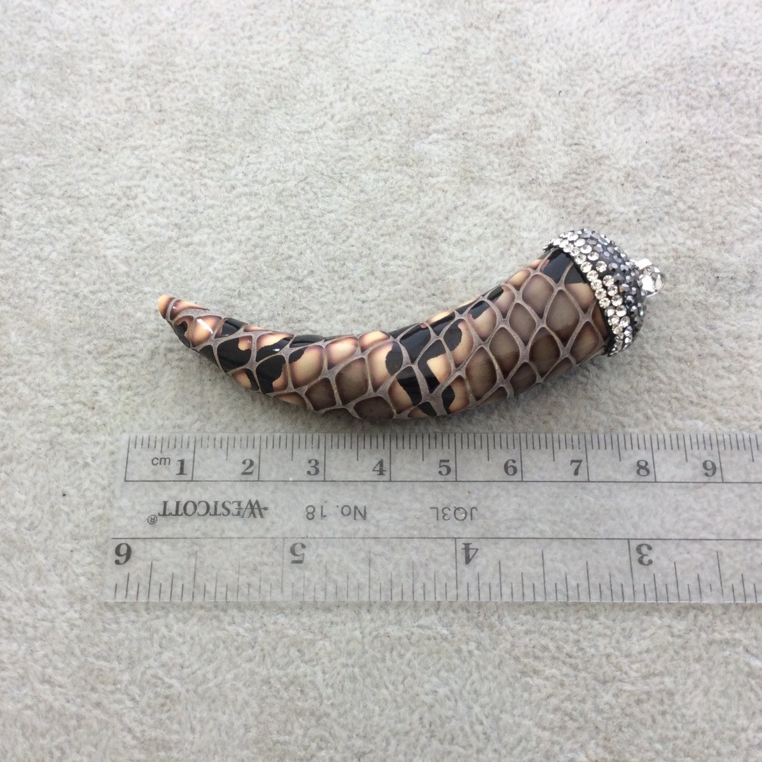3" Pave Rhinestone Encrusted Pink/Brown Snakeskin Faux Leather Tusk/Claw Pendant with Silver Plated Bail - Measuring 20mm x 74mm, Approx.