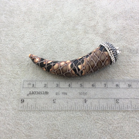 3" Pave Rhinestone Encrusted Pink/Brown Snakeskin Faux Leather Tusk/Claw Pendant with Silver Plated Bail - Measuring 20mm x 74mm, Approx.