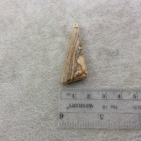 Gold Plated Natural Picture Jasper Faceted Triangle/Sail Shaped Copper Bezel Pendant - Measures 17mm x 47mm - Sold Individually, Random