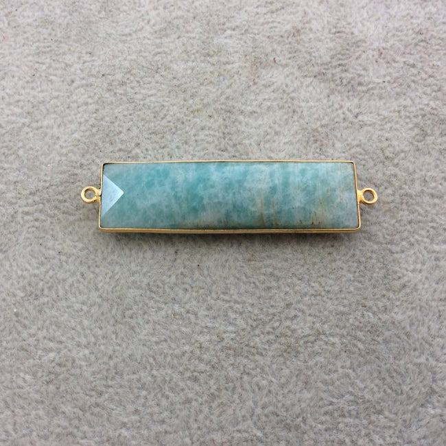 Gold Plated Natural Amazonite Faceted Rectangle/Bar Shaped Copper Bezel Connector - Measures 14mm x 49mm - Sold Individually, Random