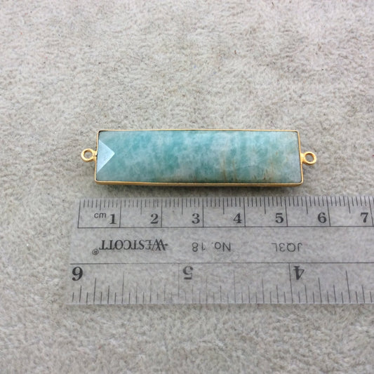 Gold Plated Natural Amazonite Faceted Rectangle/Bar Shaped Copper Bezel Connector - Measures 14mm x 49mm - Sold Individually, Random