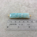 Gold Plated Natural Amazonite Faceted Rectangle/Bar Shaped Copper Bezel Connector - Measures 14mm x 49mm - Sold Individually, Random