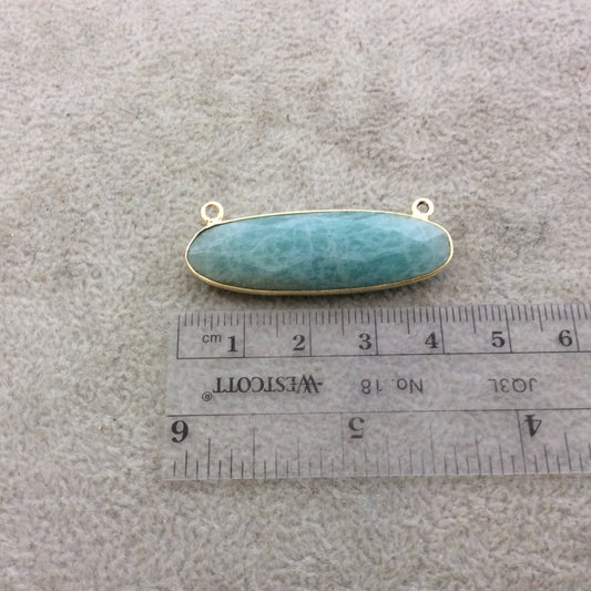 Gold Plated Natural Amazonite Faceted Oblong Oval Shaped Copper Bezel Pendant/Connector - Measures 40mm x 12mm - Sold Individually, Random
