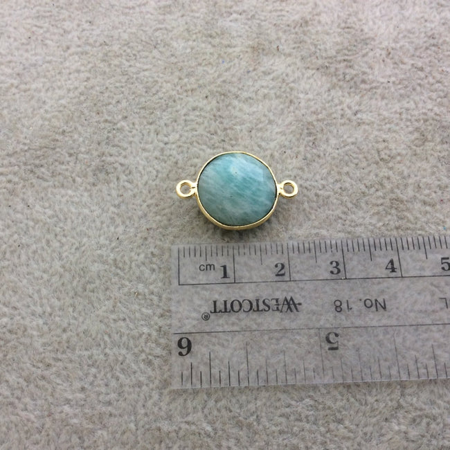 Gold Plated Natural Amazonite Faceted Round/Coin Shaped Copper Bezel Connector/Link - Measures 14mm x 14mm - Sold Individually, Random