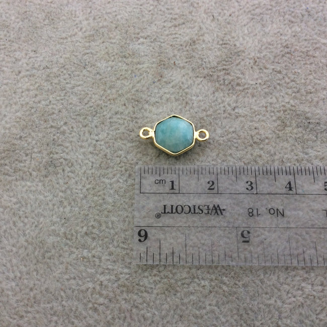 Gold Plated Natural Amazonite Faceted Hexagon Shaped Copper Bezel Connector/Link - Measures 10mm x 10mm - Sold Individually, Random