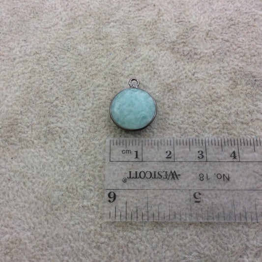 Gunmetal Plated Natural Amazonite Faceted Round/Coin Shaped Copper Bezel Pendant - Measures 15mm x 15mm - Sold Individually, Random