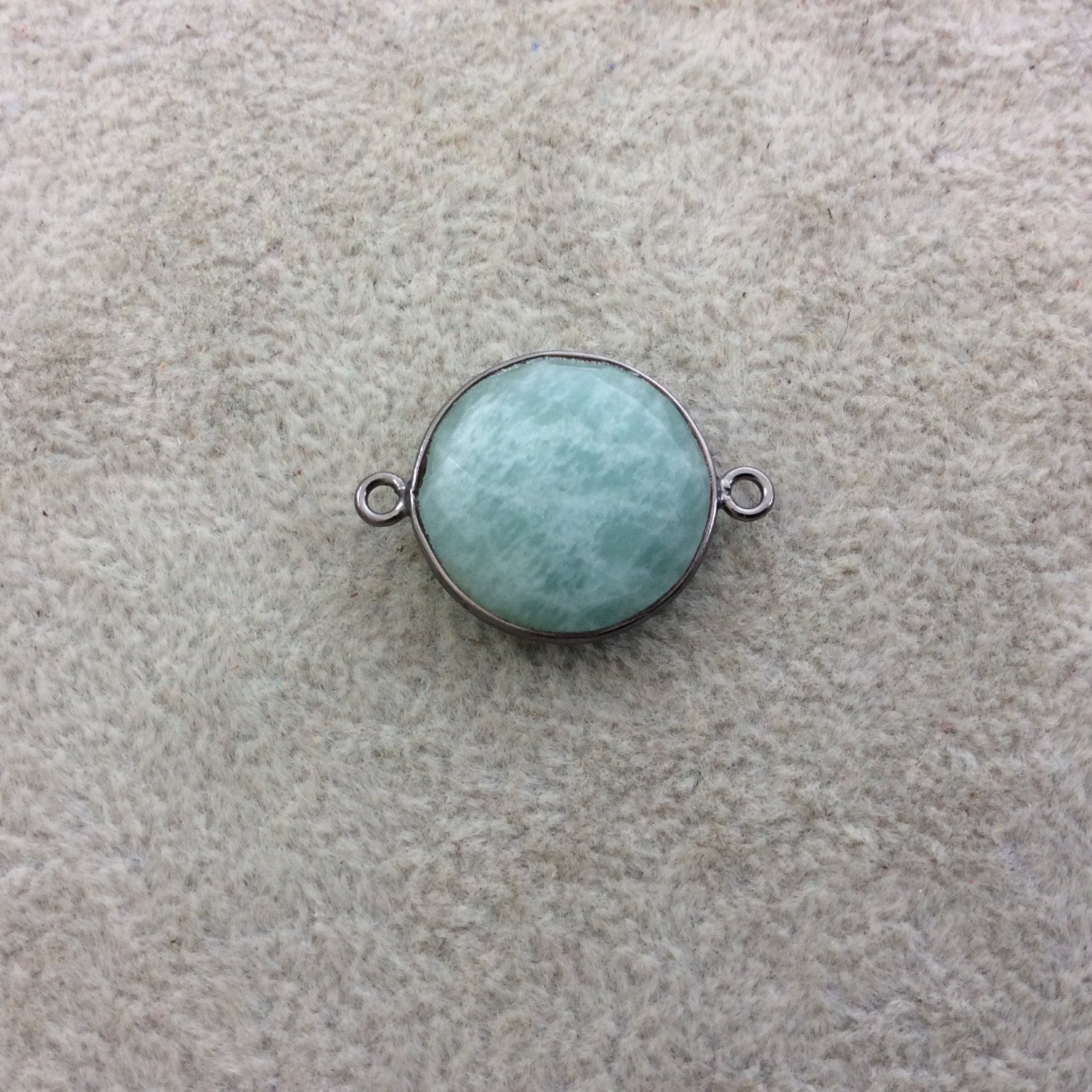 Gunmetal Plated Natural Amazonite Faceted Round/Coin Shaped Copper Bezel Connector/Link - Measures 18mm x 18mm - Sold Individually, Random