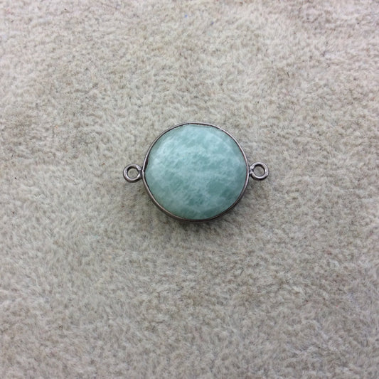 Gunmetal Plated Natural Amazonite Faceted Round/Coin Shaped Copper Bezel Connector/Link - Measures 18mm x 18mm - Sold Individually, Random