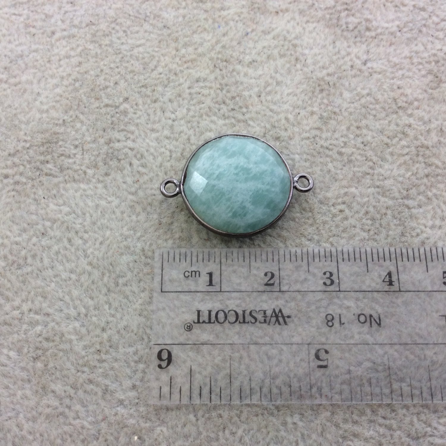 Gunmetal Plated Natural Amazonite Faceted Round/Coin Shaped Copper Bezel Connector/Link - Measures 18mm x 18mm - Sold Individually, Random