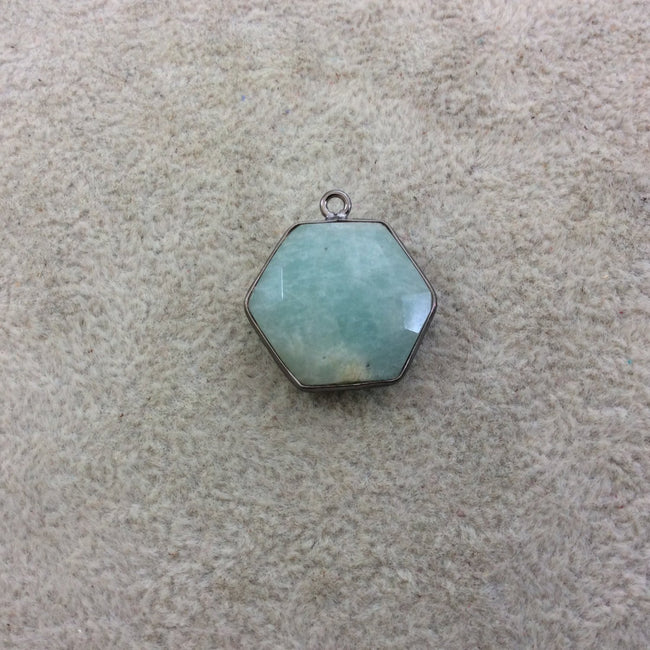 Gunmetal Plated Natural Amazonite Faceted Hexagon Shaped Copper Bezel Pendant - Measures 18mm x 18mm - Sold Individually, Random