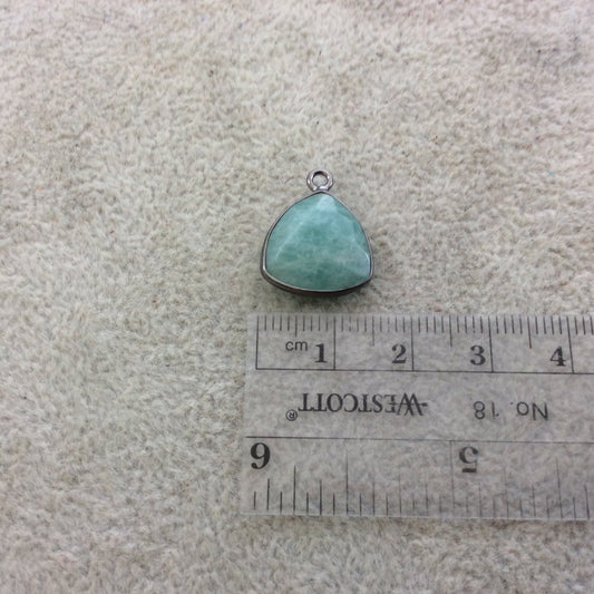 Gunmetal Plated Natural Amazonite Faceted Triangle Shaped Copper Bezel Pendant - Measures 14mm x 14mm - Sold Individually, Random