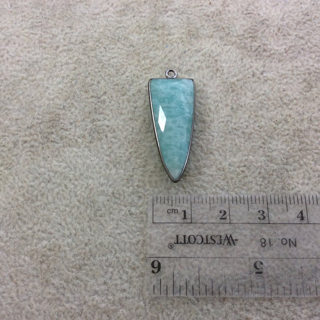 Gunmetal Plated Natural Amazonite Faceted Inverted Triangle Shaped Copper Bezel Pendant - Measures 12mm x 30mm - Sold Individually, Random