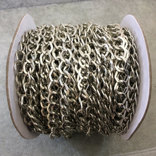 A1519 FULL SPOOL - Silver Plated Aluminum Wide Diamond/Angular Shaped Flat Link Curb Chain with 9mm x 11mm Links - Three Finishes Available