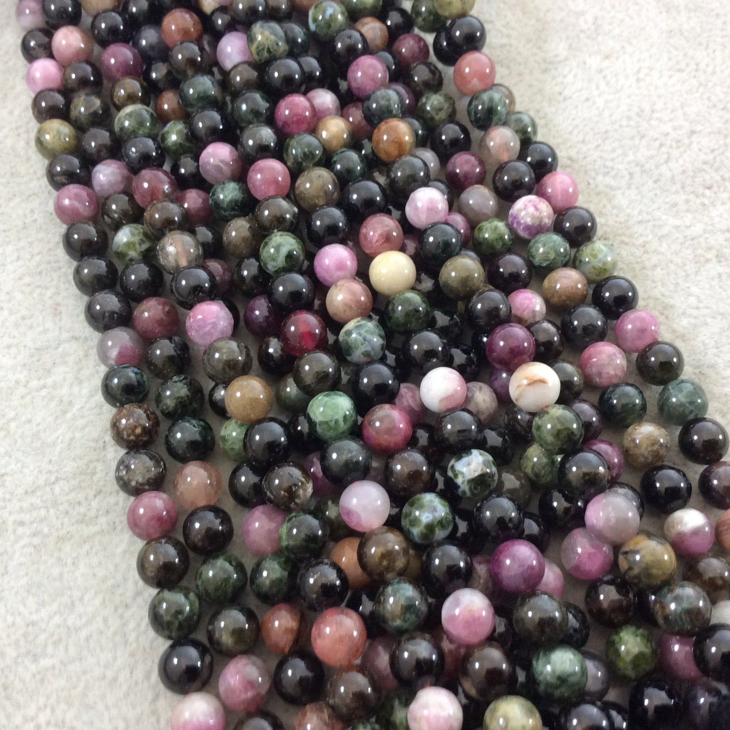 6mm Smooth Natural Mixed Tourmaline Round/Ball Shaped Beads with 0.5mm Holes - Sold by 15.75" Strands (Approx. 63 Beads) - Quality Gemstone