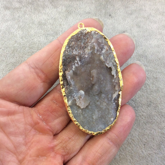Single OOAK Gold Electroplated Natural Rough Druzy Agate Oblong Oval Shaped Focal Pendant - Measuring 33mm x 57mm - Quality Raw Gemstone