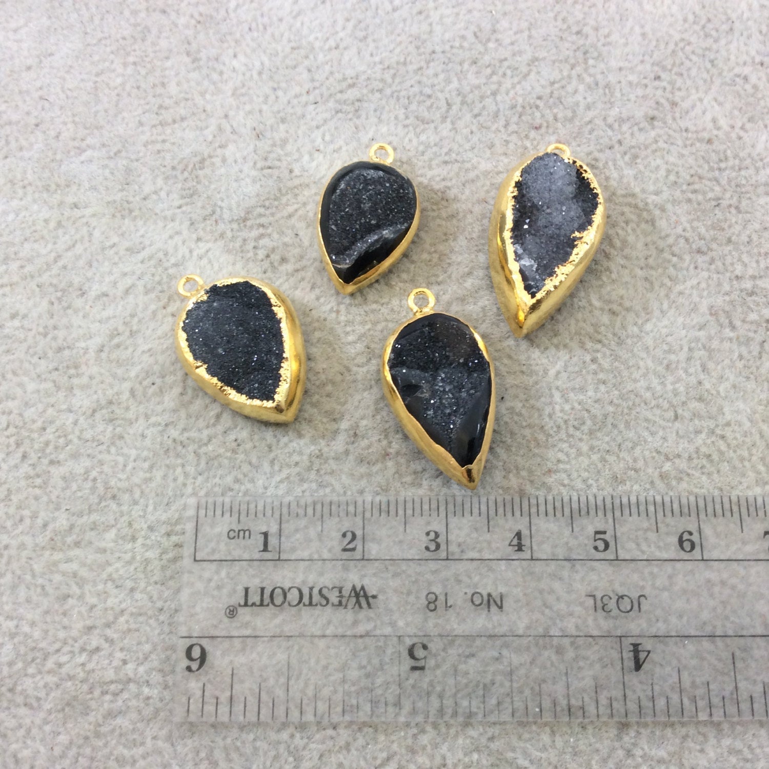 Small Gold Electroplated Black/Gray Druzy Agate Inverted Teardrop Shaped Pendant - Measuring 18-24mm Approx. - Sold Individually, Random