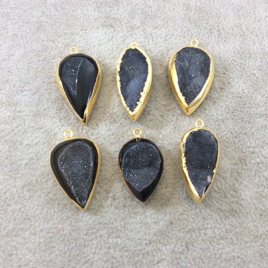 Medium Gold Electroplated Black/Gray Druzy Agate Inverted Teardrop Shaped Pendant - Measuring 24-30mm Approx. - Sold Individually, Random
