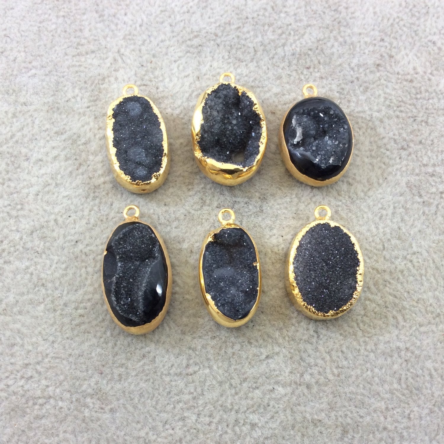 Small Gold Electroplated Black/Gray Druzy Agate Oblong Vertical Oval Shaped Pendant - Measuring 18-24mm Approx. - Sold Individually, Random