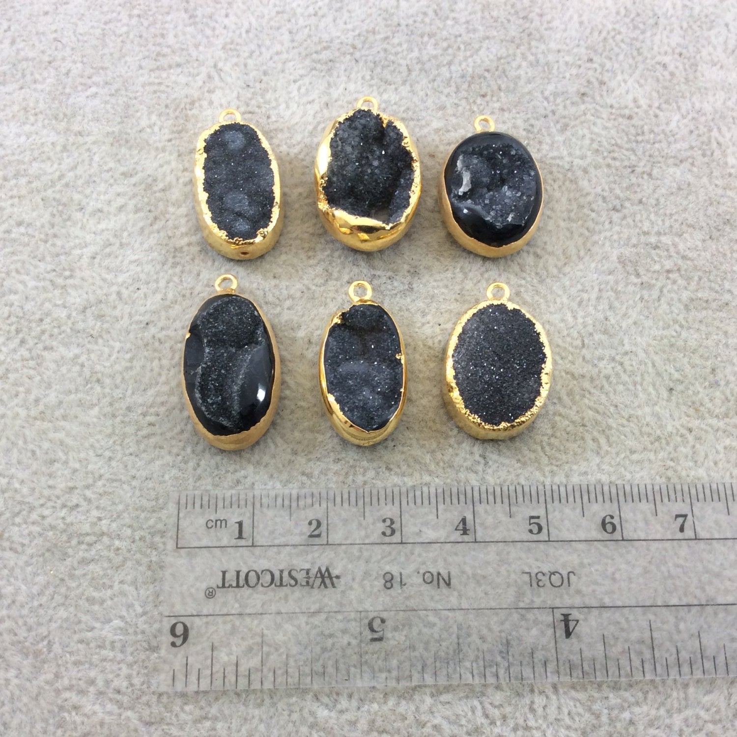 Small Gold Electroplated Black/Gray Druzy Agate Oblong Vertical Oval Shaped Pendant - Measuring 18-24mm Approx. - Sold Individually, Random