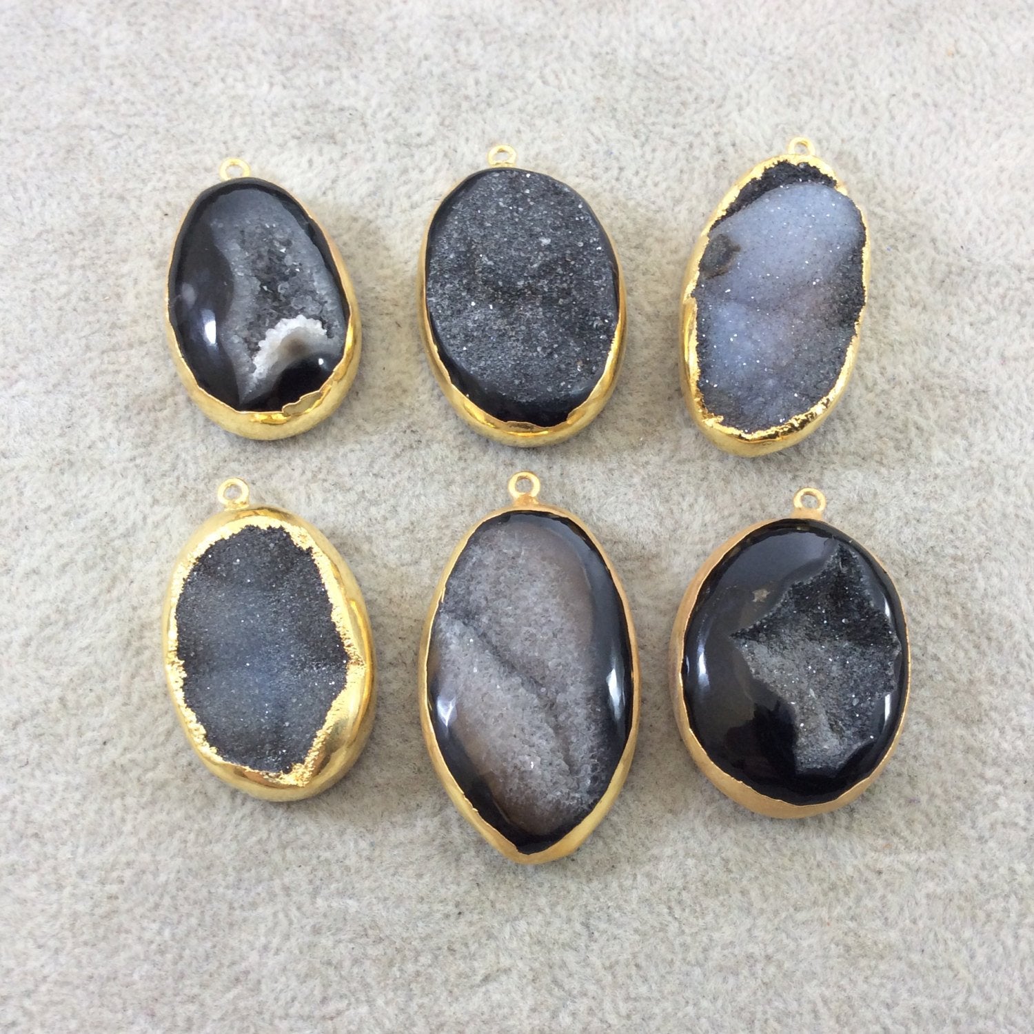 Large Gold Electroplated Black/Gray Druzy Agate Oblong Vertical Oval Shaped Pendant - Measuring 30-36mm Approx. - Sold Individually, Random