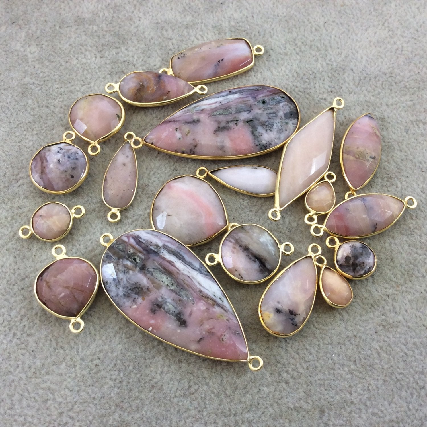 Gold Plated Natural Mixed Rhodonite Faceted Round/Coin Shaped Copper Bezel Pendant - Measures 14mm x 14mm - Sold Individually, Random