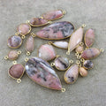 Gold Plated Natural Mixed Rhodonite Faceted Heart/Teardrop Shaped Copper Bezel Connector - Measures 14mm x 14mm - Sold Individually, Random