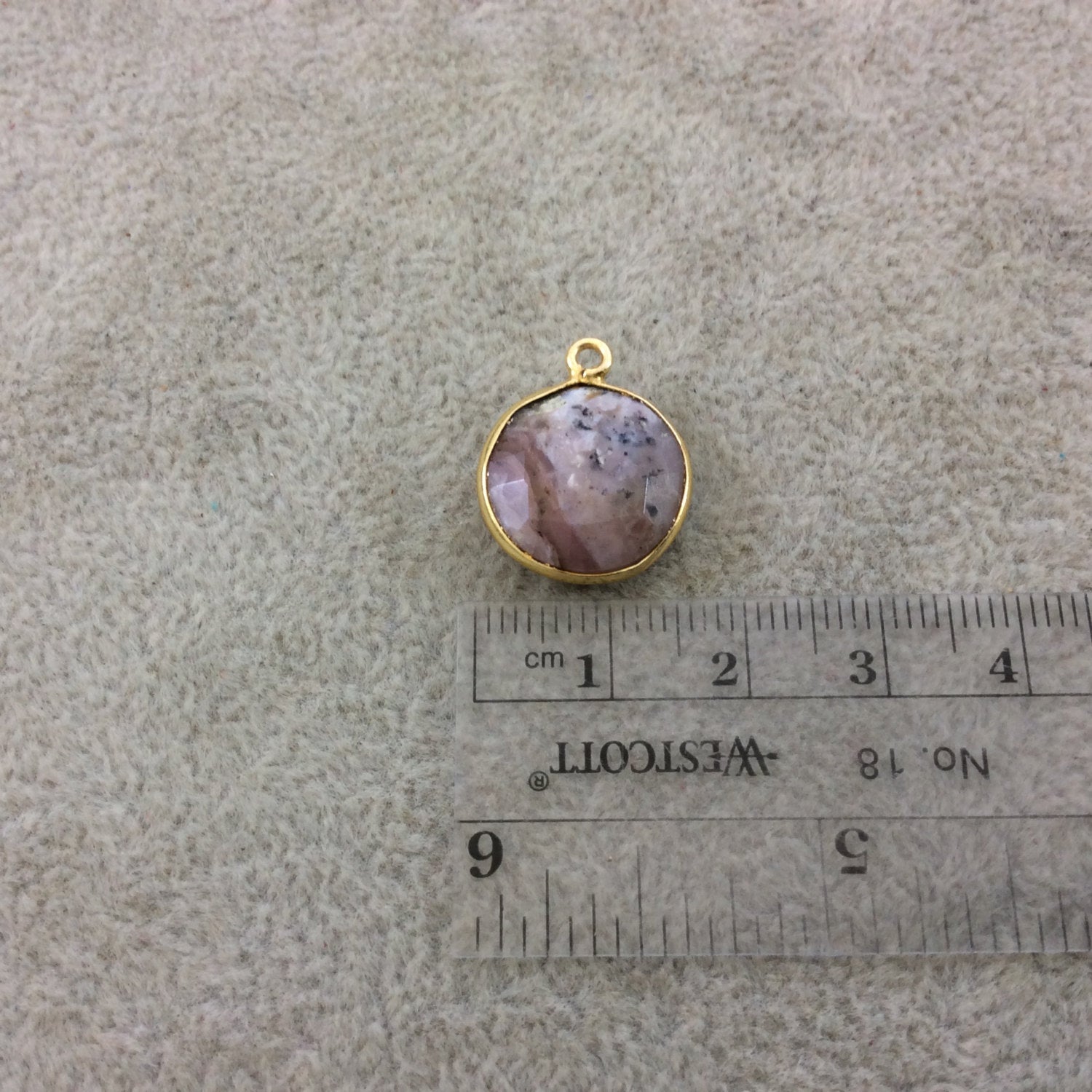 Gold Plated Natural Mixed Rhodonite Faceted Round/Coin Shaped Copper Bezel Pendant - Measures 14mm x 14mm - Sold Individually, Random