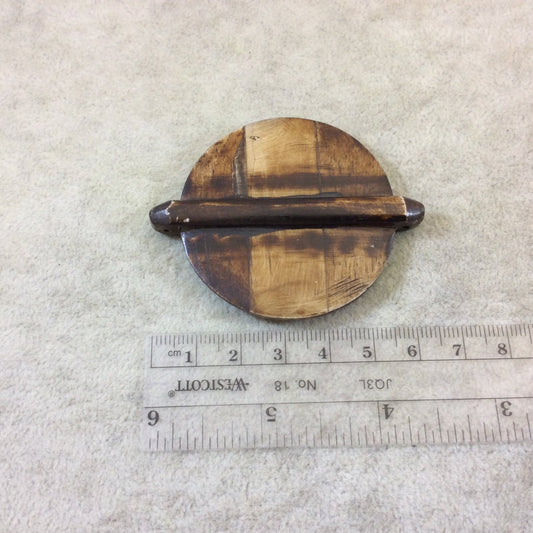 2" Plain Mixed Brown Flat Round/Disc Shaped Natural Bone Pendant/Connector with Three Holes - Measuring 51mm x 51mm, Approx. - (TR2BRFLPRD)
